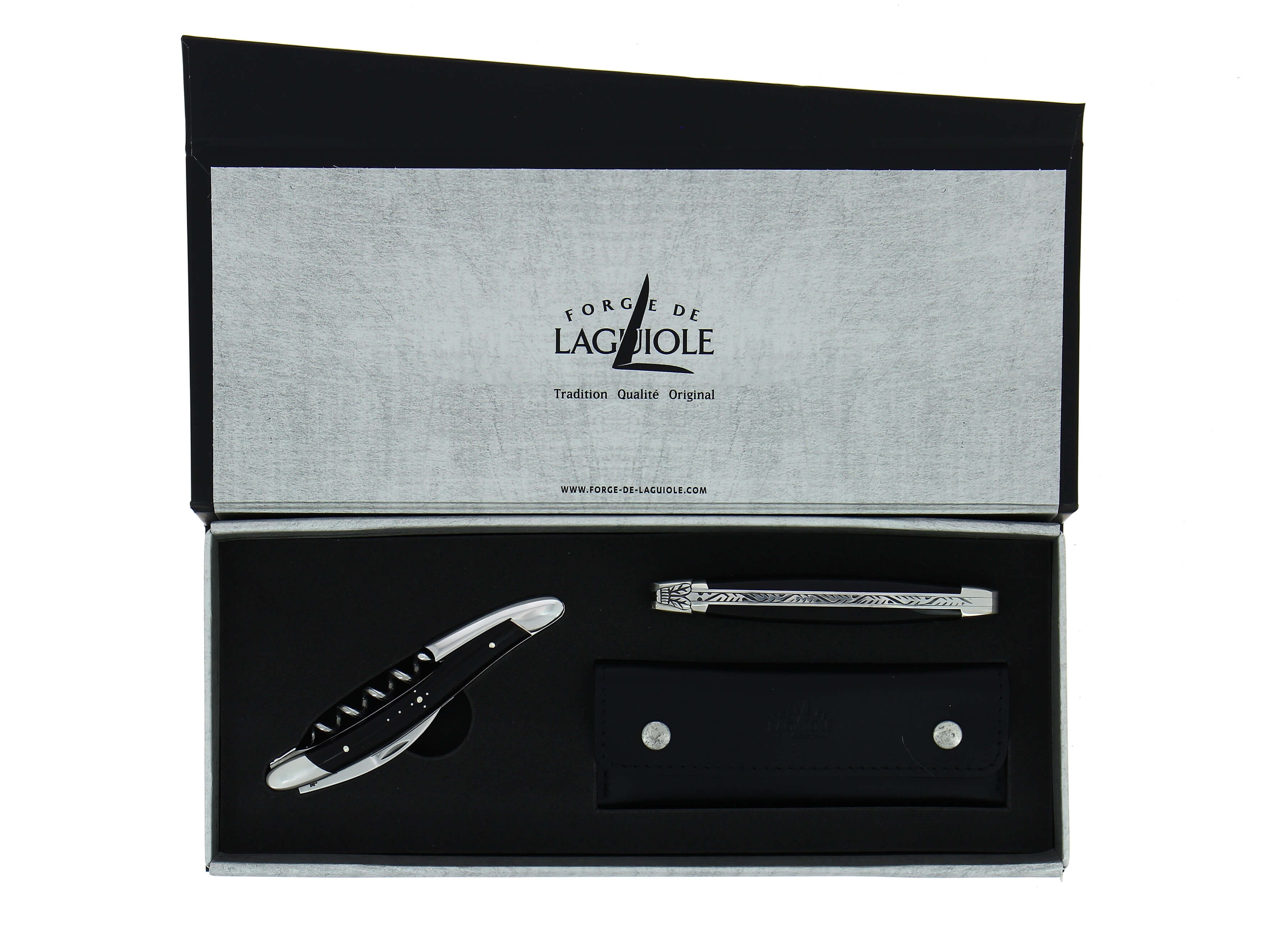Coffret cadeau - Corne foncée - Ouvre-bouteille de sommelier et couteau de poche. Finition polie brillante