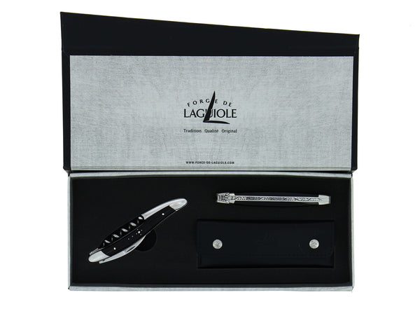 Coffret cadeau - Corne foncée - Ouvre-bouteille de sommelier et couteau de poche. Finition polie brillante