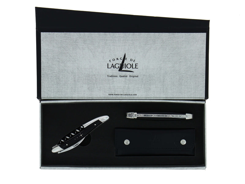 Coffret cadeau - Corne foncée - Ouvre-bouteille de sommelier et couteau de poche. Finition polie brillante