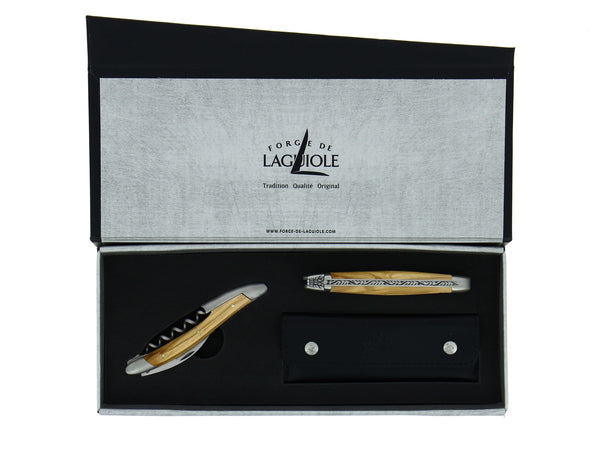 Coffret cadeau - Bois d'olivier - Ouvre-bouteille et couteau pliant de sommelier - Forge De Laguiole