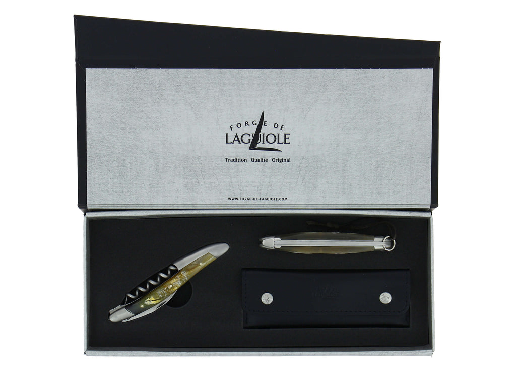 Coffret cadeau - Corne de vache Aubrac - Couteau de sommelier et couteau pliant - Forge de Laguiole