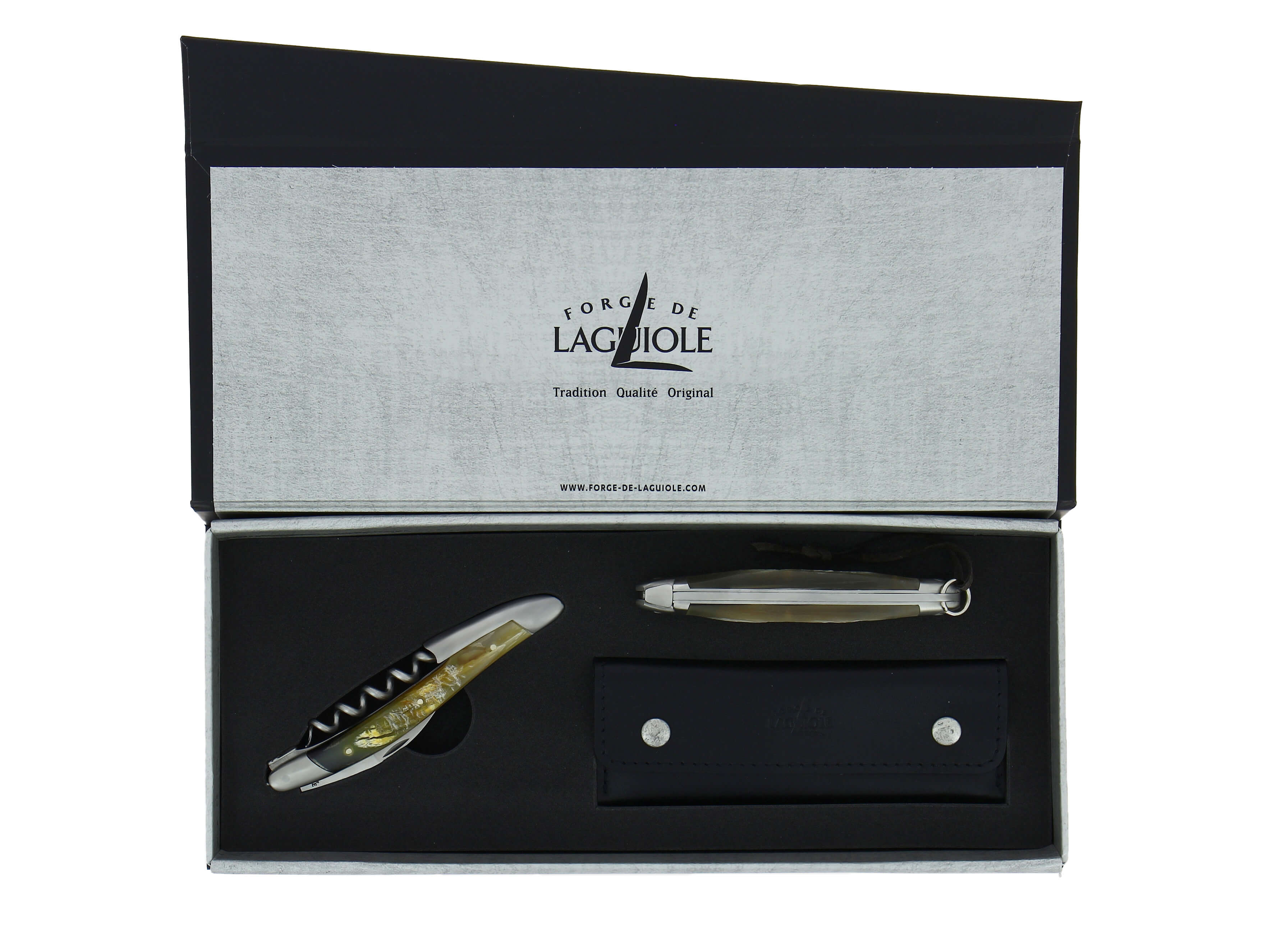 Coffret cadeau - Corne de vache Aubrac - Couteau de sommelier et couteau pliant - Forge de Laguiole